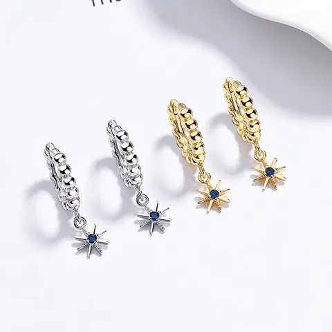 Pendientes de Aro con Estrella de Ocho Puntas de Plata de Ley 925 para Mujer con Diamantes de Imitación Azules Joyería