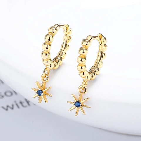 Pendientes de Aro con Estrella de Ocho Puntas de Plata de Ley 925 para Mujer con Diamantes de Imitación Azules Joyería