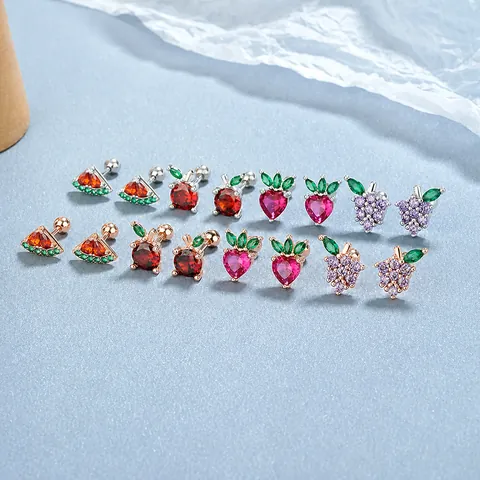 925 Sterling Silver Fruit Stud Earrings With Rhinestone For Women Cute Apple Strawberry Watermelon Grape Minimalist Jewelry
