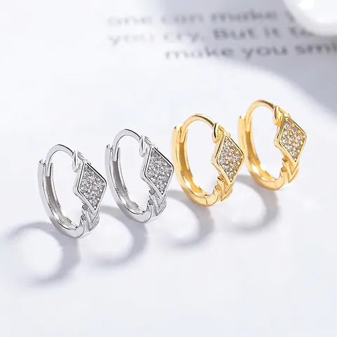 925 Sterling Silver Rhombus Hoop Earrings For Women Pave Rhinestone Geometric Huggie Earrings Simple Fashion Jewelry Gift