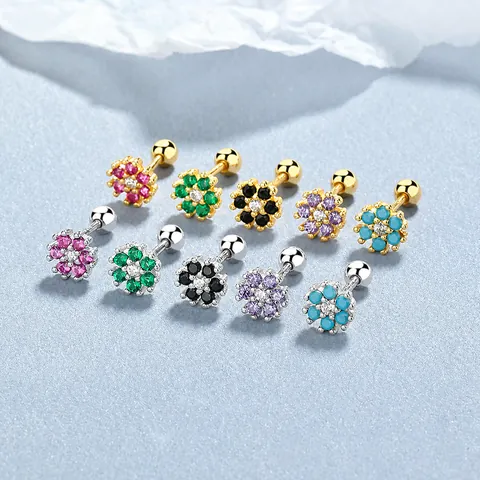 Pendientes de Botón de Plata de Ley 925 con Flores de Circonia Colorida para Mujer Pequeños Pendientes de Rosca de Flores Joyería de Moda