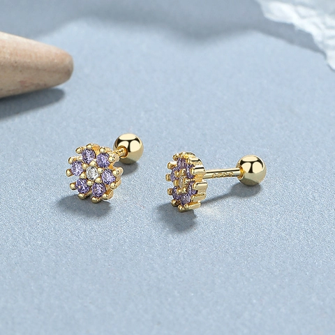 Pendientes de Botón de Plata de Ley 925 con Flores de Circonia Colorida para Mujer Pequeños Pendientes de Rosca de Flores Joyería de Moda