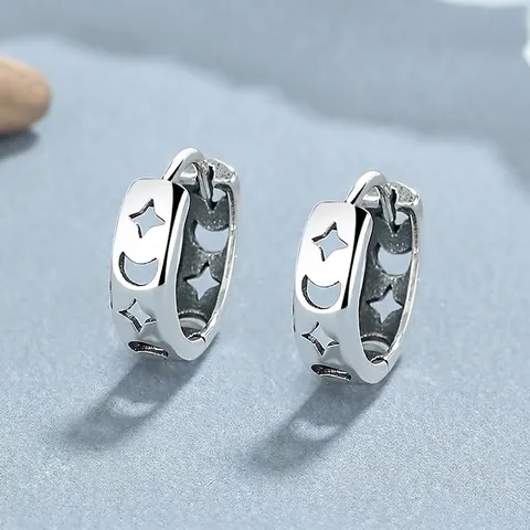 Pendientes de Aro de Plata de Ley 925 con Diseño de Estrella y Luna Calada para Mujer Moda Vintage Plata Tailandesa Joyería Regalo de Cumpleaños
