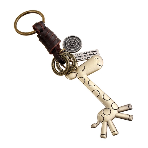 Vintage Cowhide Giraffe Keychain Bronze Metal Animal Pendant Handwoven Leather Rope Keyring For Men Women Creative Gift