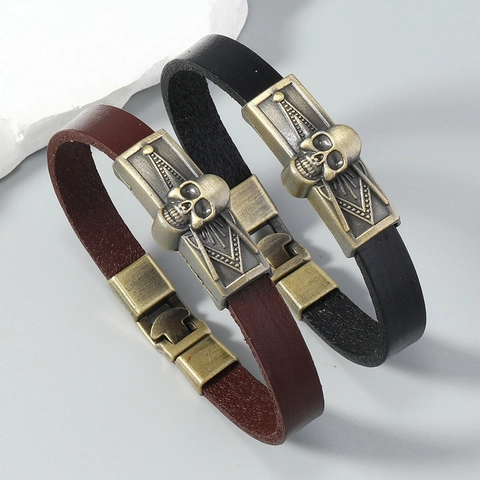 Vintage Punk Rindsleder Armband Für Herren Legierung Totenkopf Geometrisches Symbol Gotik Armreif Party Schmuck Geschenk