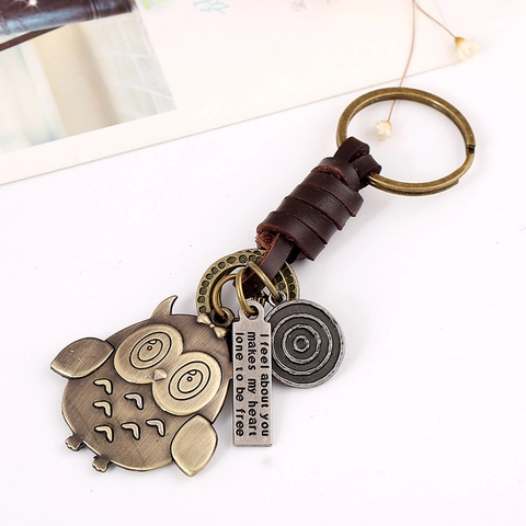 Vintage Braided Cowhide Leather Keychain Bronze Alloy Owl Pendant Retro Punk Bag Hanging Charm Key Ring For Men Women