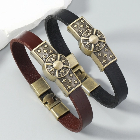Pulsera de Cuero de Vaca Retro para Hombre Medallón de Estrella de Cruz de Aleación Estilo Industrial Punk Brazalete Hecho a Mano