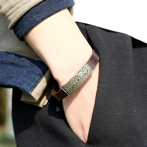 Vintage Leather Bracelet For Men Women Retro Alloy Heart I Love U Engraved Charm Wrap Wristband European Fashion Jewelry Gift