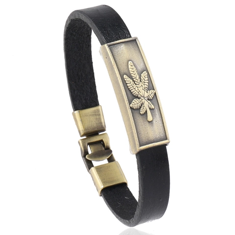Vintage Men Cowhide Leather Bracelet Alloy Maple Leaf Embossed Antique Finished Retro Ins Style Unisex Jewelry