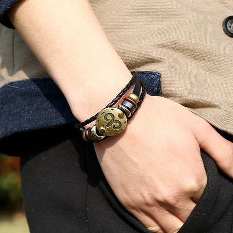 Widder Sternzeichen Lederarmband Handgeflochten Mehrlagig Rindsleder Legierung Punk Retro Armband Für Unisex Geburtstagsgeschenk