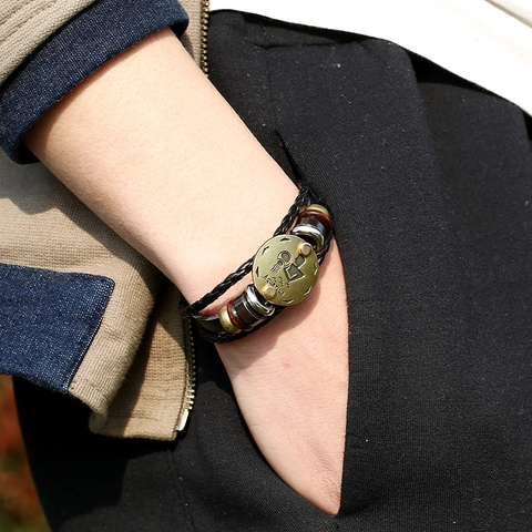 Pulsera de Cuero Trenzado Multicapa Vintage Con Signo del Zodiaco Acuario Placa de Aleación Cuentas de Madera Joyería de Moda Hombre Mujer