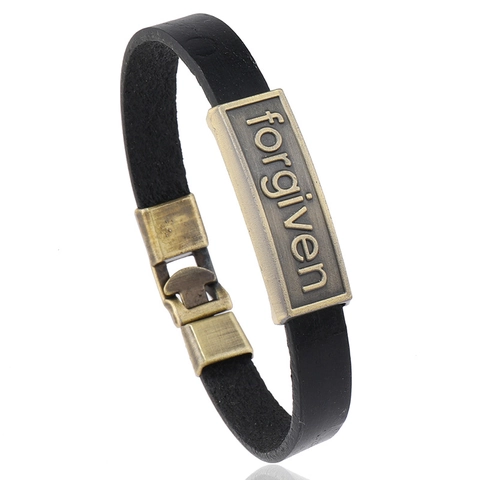 Vintage Cowhide Leather Bracelet Forgiven Engraved Alloy Plate Punk Style Adjustable Cuff Bangle Retro Fashion Jewelry Gift