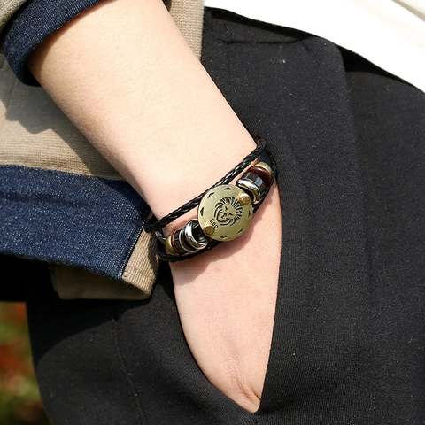Leo Zodiac Sign Multilayer Braided Genuine Leather Bracelet For Men Women Retro Punk Alloy Leo Constellation Wristband Gift