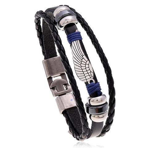 Vintage Multilayer Braided Cowhide Leather Bracelet For Men Women With Wing Charm Retro Alloy Buckle Punk Style Wristband Jewelry