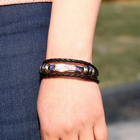 Vintage Multilayer Braided Cowhide Leather Bracelet For Men Women With Wing Charm Retro Alloy Buckle Punk Style Wristband Jewelry
