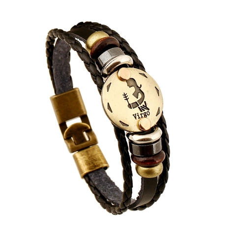 Vintage Virgo Constellation Multilayer Braided Cowhide Leather Bracelet For Men Retro Alloy Wood Beads Zodiac Charm Bracelet Jewelry