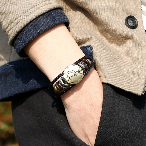 Bracciale in Vera Pelle Segno Zodiacale Capricorno Intrecciato a Mano Multistrato Lega Punk Vintage Gioielli Costellazione per Uomo Donna Regalo
