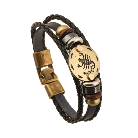 Bracciale in Pelle Vintage Segno Zodiacale Scorpione Bracciale Punk Intrecciato a Mano Multistrato per Uomo Donna Gioielli Regalo Compleanno