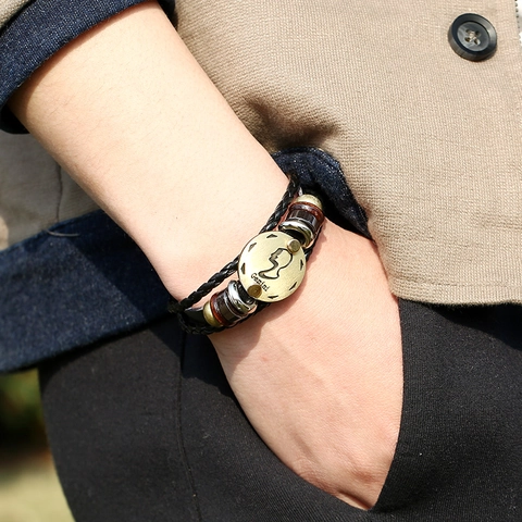 Bracciale in Pelle Retrò da Uomo Multistrato Intrecciato Gemelli Costellazione Braccialetto Con Perline in Legno Lega Gioielli Moda
