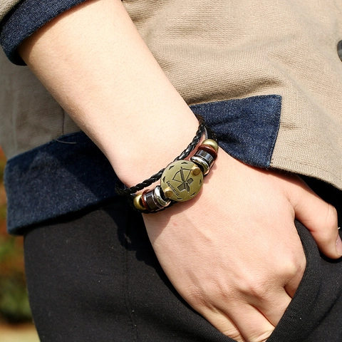 Bracciale da Uomo Sagittario Zodiaco Fatto a Mano Intrecciato in Vera Pelle di Vacchetta Multistrato Punk Retrò Bronzo Medaglione Gioielli