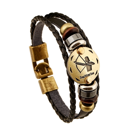Bracciale da Uomo Sagittario Zodiaco Fatto a Mano Intrecciato in Vera Pelle di Vacchetta Multistrato Punk Retrò Bronzo Medaglione Gioielli