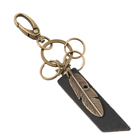 Portachiavi in Vera Pelle di Vacchetta Vintage per Uomo Pendente a Piuma in Lega di Bronzo Retro Punk Gioielli alla Moda