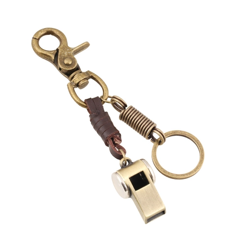Vintage Genuine Leather Keychain Retro Bronze Alloy Whistle Pendant Handmade Woven Keyring For Men Women Backpack Ornament