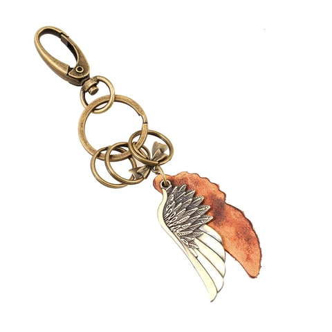 Retro Punk Echtleder Flügel Schlüsselanhänger Vintage Antik Bronze Feder Anhänger Für Autoschlüssel Rucksack Zubehör Unisex Geschenk