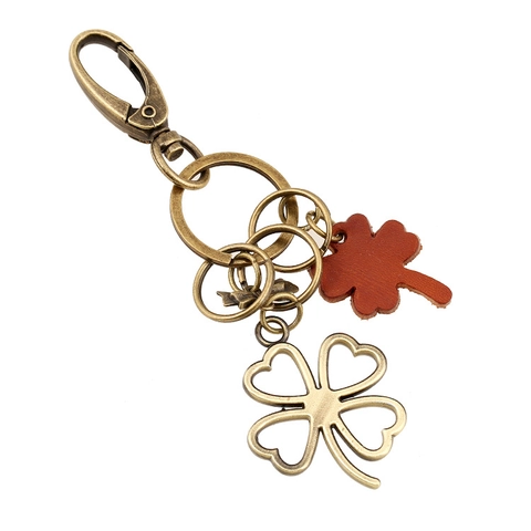 Vintage Bronze Alloy Four-Leaf Clover Keychain Top Grain Cowhide Leather Pendant For Bag Car Key Unisex Handmade Jewelry