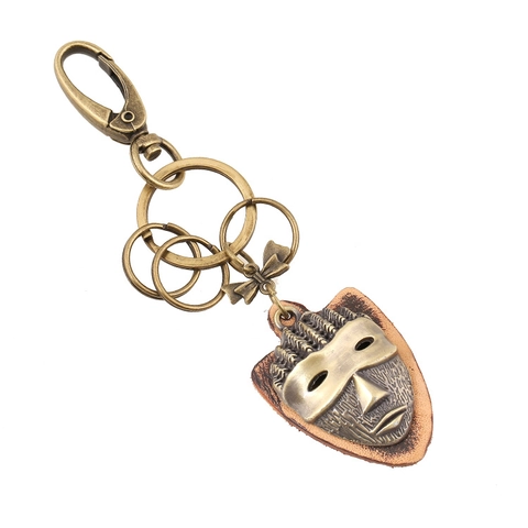 Retro Punk Bronze Mask Genuine Leather Keychain Tribal Face Pendant Key Ring For Car Bag Unisex Jewelry Gift Accessories