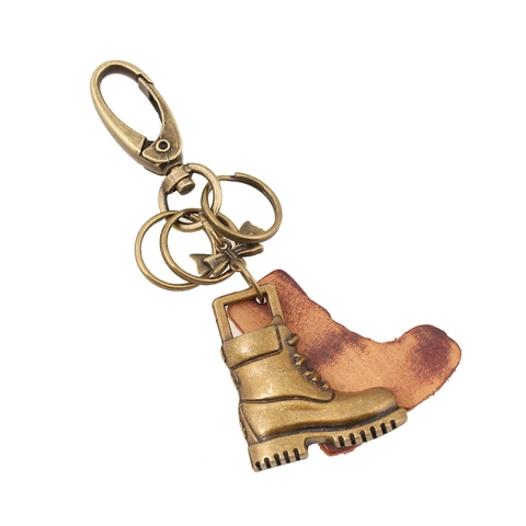 Vintage Punk Cowhide Leather Boot Keychain Retro Alloy Shoe Pendant For Men Women Car Bag Hanging Accessory Bronze Handmade