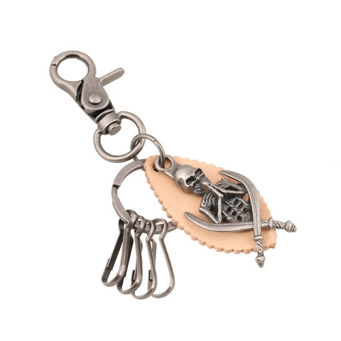 Vintage Punk Kopfschicht Rindsleder Totenkopf Schlüsselanhänger Legierung Gekreuzte Schwerter Skelett Anhänger Gothic Biker Tasche Charm