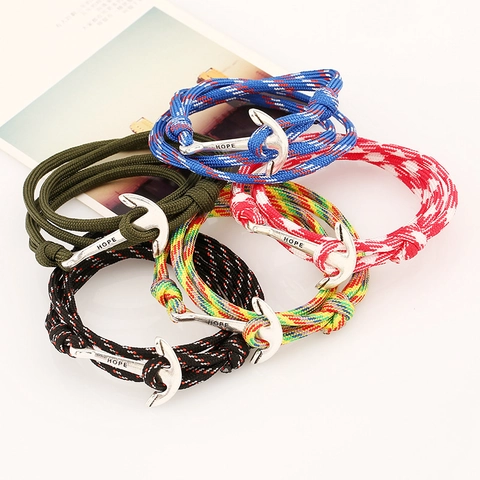 Nautical Anchor Braided Nylon Cord Bracelet Hope Engraved Alloy Clasp Unisex Multi Layer Wrap Marine Style Jewelry