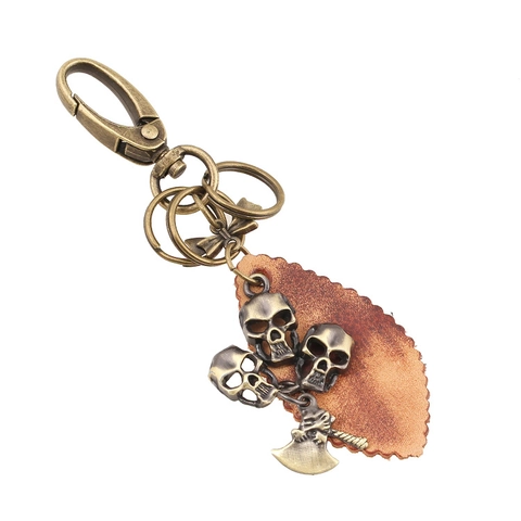 Portachiavi in Pelle Vintage Punk con Teschio Vera Pelle di Vacchetta Bronzo Lega Ascia Ciondolo per Auto Borsa Gioielli Unisex