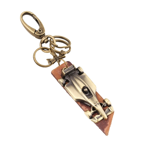 Llavero de Cuero de Coche de Carreras F1 Vintage para Hombre Estilo Punk Colgante de Aleación de Bronce Llavero de Cuero de Vaca