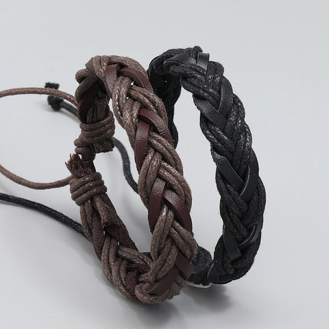 Vintage Handmade Braided Cowhide Leather Bracelet For Men Women Adjustable Multi-layer Wax Cord Wrap Wristband Ethnic Jewelry