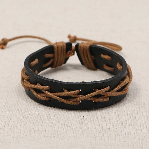 Vintage Punk Hand Woven Cowhide Leather Bracelet For Men Women Adjustable Wax Cord Braided Ethnic Style Fashion Jewelry Gift