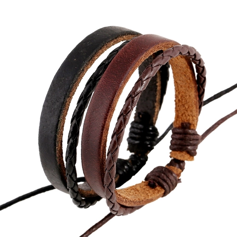Vintage Handmade Multi-layer Woven Leather Bracelet For Men Women Retro Cowhide Punk Adjustable Cord Bracelet Jewelry