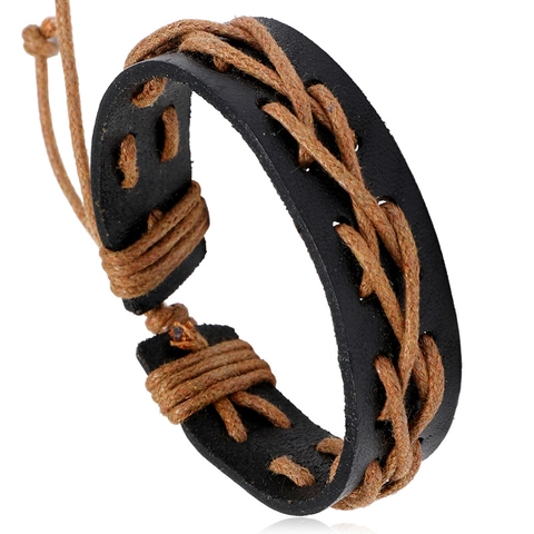 Vintage Punk Hand Woven Cowhide Leather Bracelet For Men Women Adjustable Wax Cord Braided Ethnic Style Fashion Jewelry Gift