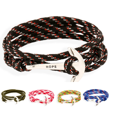 Nautical Anchor Braided Nylon Cord Bracelet Hope Engraved Alloy Clasp Unisex Multi Layer Wrap Marine Style Jewelry