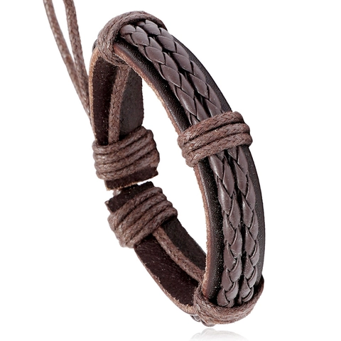 Vintage Hand Woven Cowhide Leather Bracelet For Men Multi Layer Braided PU Cord Adjustable Punk Bracelet Boho Jewelry Gift