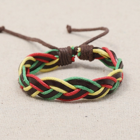 Pulsera de Cuero Trenzado Jamaicano Rojo Amarillo Verde Vintage Multicapa Cuerda Encerada Brazalete Ajustable Boho Étnico Unisex Joyería