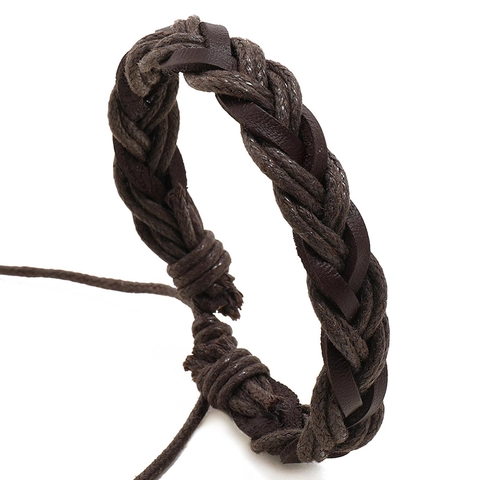 Vintage Handmade Braided Cowhide Leather Bracelet For Men Women Adjustable Multi-layer Wax Cord Wrap Wristband Ethnic Jewelry