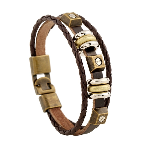 Vintage Punk Mehrlagiges Geflochtenes Lederarmband Legierung Niete Schraube Detail Retro Industriestil Für Damen Herren Schmuck