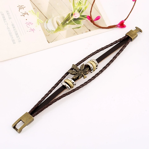 Punk Retro Ahornblatt Mehrlagig Geflochtenes Rindsleder Armband Für Damen Herren Vintage Bronze Legierung Schmuck