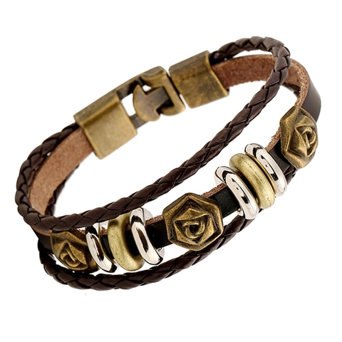 Bracciale Multistrato in Pelle di Vacchetta Intrecciata Retro Punk per Uomo Donna Chiusura in Lega Rosa Bronzo Gioielli Marrone