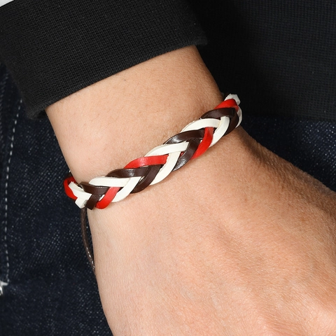Pulsera de Cuero de Vaca Tejida a Mano para Hombre Mujer Rojo Blanco Marrón Hilo de Cera Ajustable Joyería Étnica