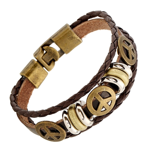 Bracelet Rétro Punk Multicouche en Cuir de Vachette Tressé Avec Breloques Signe de Paix en Alliage Bijoux de Mode Vintage
