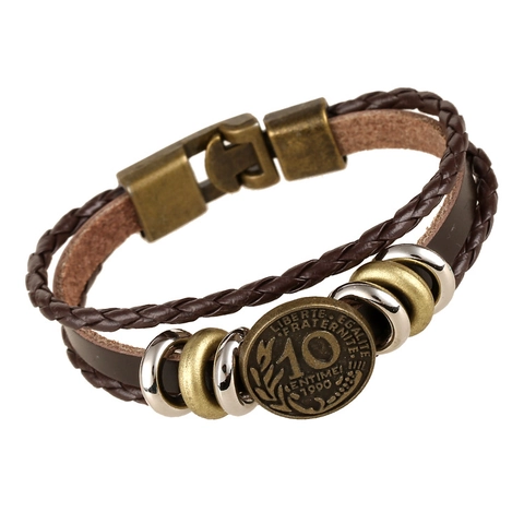 Vintage Mehrschichtiges Lederarmband Für Herren Damen Handgefertigt Geflochtenes Rindsleder Legierung Münzanhänger Armband Ethno Schmuck Geschenk