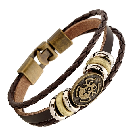Bracelet Vintage en Cuir de Vachette Tressé Multicouche Bracelet à Breloque Totem Bronze Rétro Bijoux Punk Ethniques Homme Femme